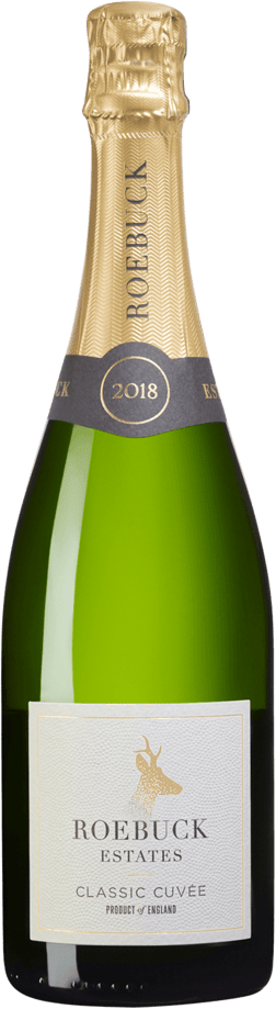 En glasflaska med Roebuck Estates Classic Cuvée 2018, en mousserande från England i Storbritannien