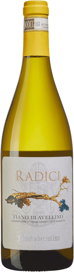 En glasflaska med Mastroberardino Radici Fiano di Avellino 2023, ett vitt vin från Kampanien i Italien