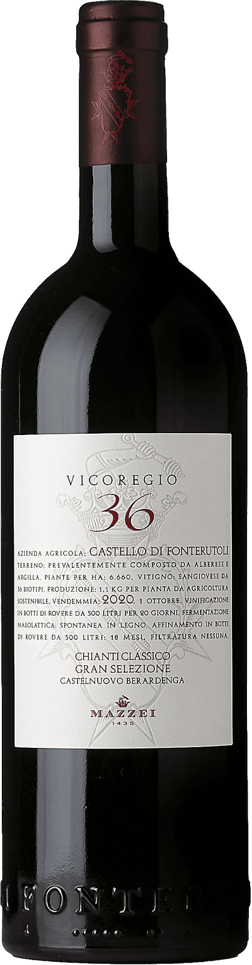 En glasflaska med Marchesi Mazzei Vicoregio 36 2020, ett rött vin från Toscana i Italien