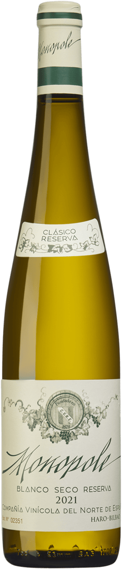 En glasflaska med Cune Monopole Clásico Reserva 2021, ett vitt vin från Rioja i Spanien