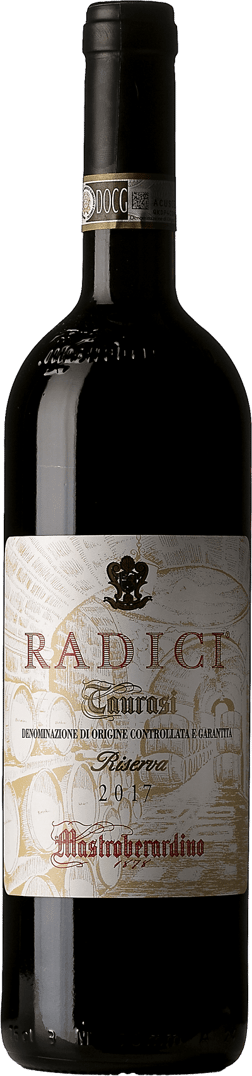 En glasflaska med Mastroberardino Radici Taurasi Riserva 2017, ett rött vin från Kampanien i Italien