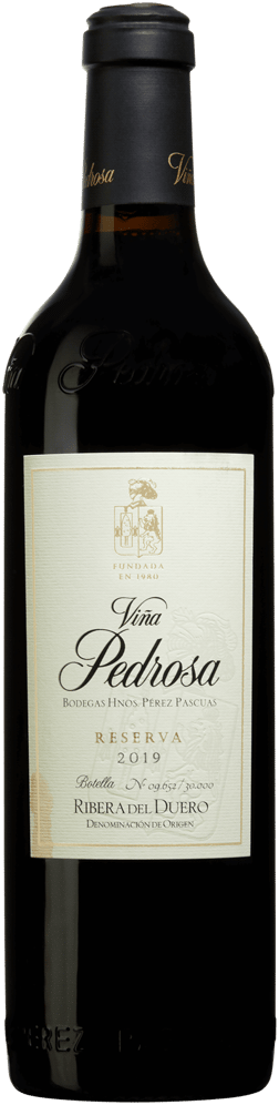 En glasflaska med Viña Pedrosa Reserva 2019, ett rött vin från Kastilien-León i Spanien