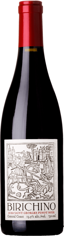 En glasflaska med Birichino Saint Georges Pinot Noir 2022, ett rött vin från Kalifornien i USA