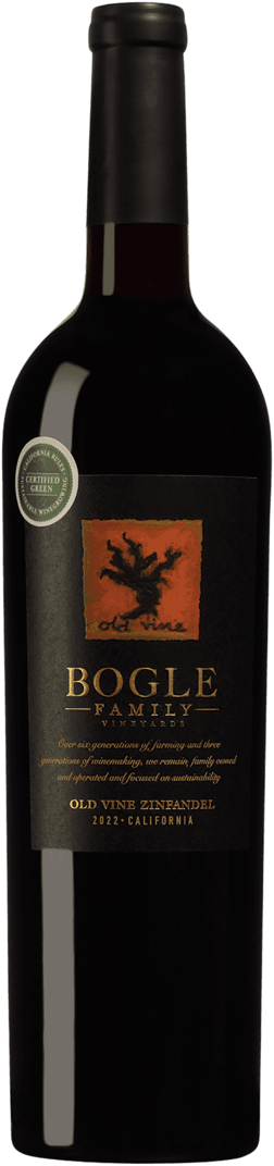 En glasflaska med Bogle Vineyards Old Vine Zinfandel 2021, ett rött vin från Kalifornien i USA