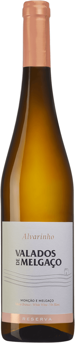 En glasflaska med Valados de Melgaço Alvarinho Reserva 2022, ett vitt vin från Vinho Verde i Portugal