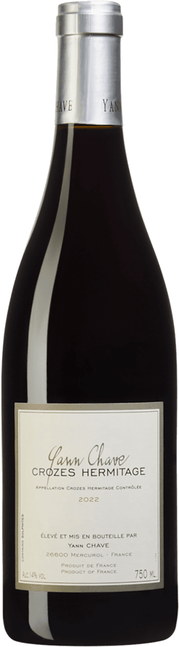 En glasflaska med Yann Chave Crozes-Hermitage 2022, ett rött vin från Rhonedalen i Frankrike