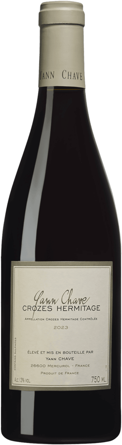 En glasflaska med Yann Chave Crozes-Hermitage 2022, ett rött vin från Rhonedalen i Frankrike