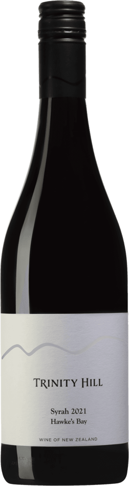 En lättare glasflaska med Trinity Hill Hawke's Bay Syrah 2021, ett rött vin från Hawke's Bay i Nya Zeeland