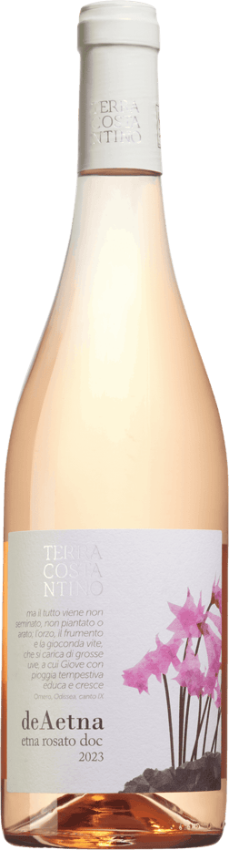 En lättare glasflaska med DeAetna Rosato Terra Costantino 2023, en rosévin från Sicilien i Italien