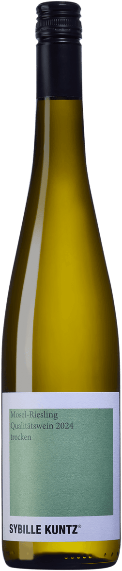 En glasflaska med Sybille Kuntz Riesling Qualitätswein Trocken 2024, ett vitt vin från Mosel i Tyskland