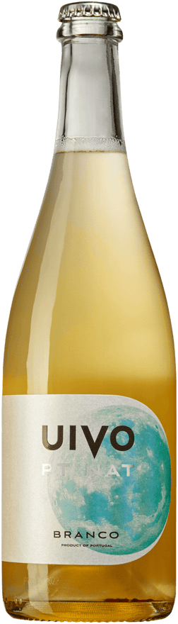 En glasflaska med Folias de Baco Uivo Pt Nat Branco 2022, ett mousserande vin från Portugal