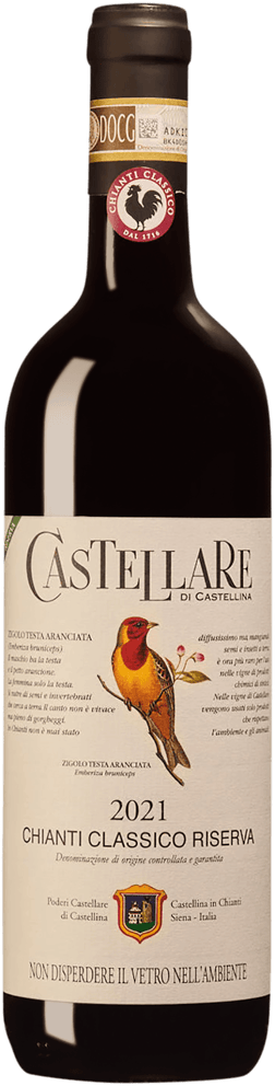 En lättare glasflaska med Castellare di Castellina Chianti Classico Riserva 2021, ett rött vin från Toscana i Italien