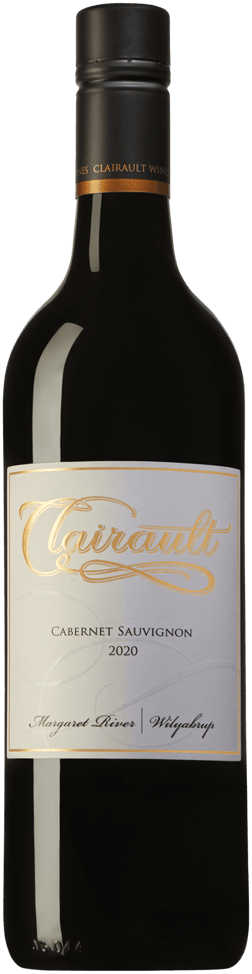 En lättare glasflaska med Clairault Margaret River Cabernet Sauvignon 2020, ett rött vin från Western Australia i Australien