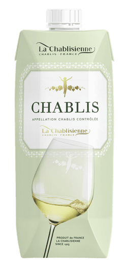 En pappförpackning med Chablisienne Chablis 2023, ett vitt vin från Bourgogne i Frankrike