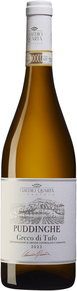 En glasflaska med Claudio Quarta Vignaiolo Puddinghe Greco di Tufo 2022, ett vitt vin från Kampanien i Italien