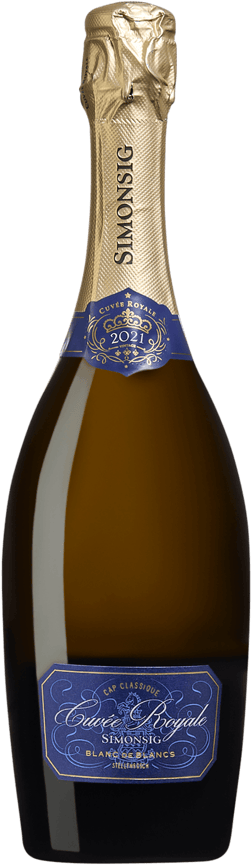 En glasflaska med Simonsig Estate Cuvée Royale Blanc de Blancs 2021, en mousserande från Western Cape i Sydafrika