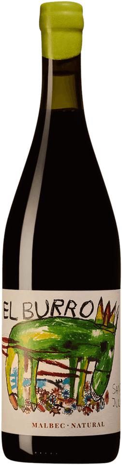 En lättare glasflaska med El Burro Malbec Natural 2023, ett rött vin från Cuyo i Argentina