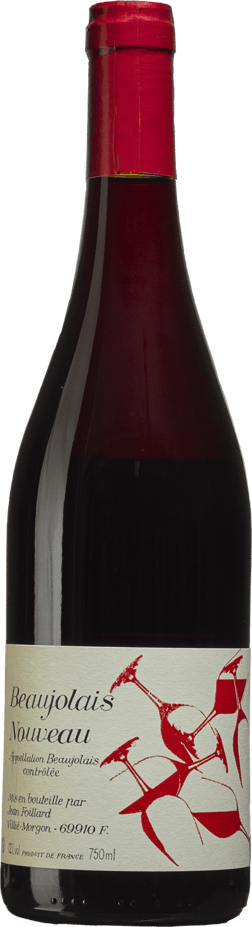 En glasflaska med Domaine Jean Foillard Beaujolais Nouveau 2024, ett rött vin från Bourgogne i Frankrike