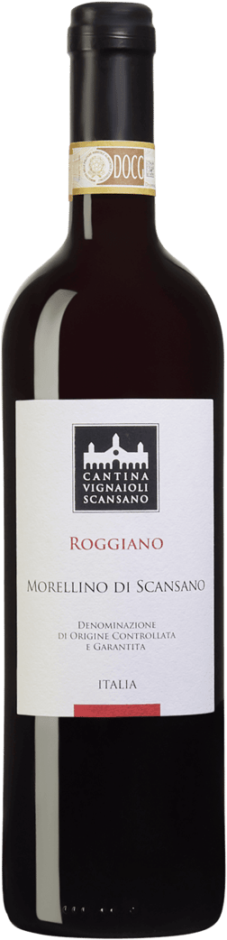 En lättare glasflaska med Cantina Vignaioli del Morellino di Scansano Roggiano 2022, ett rött vin från Toscana i Italien