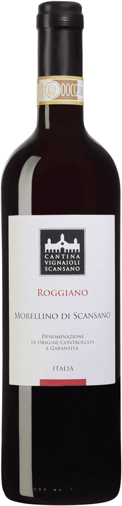 En lättare glasflaska med Cantina Vignaioli del Morellino di Scansano Roggiano 2022, ett rött vin från Toscana i Italien