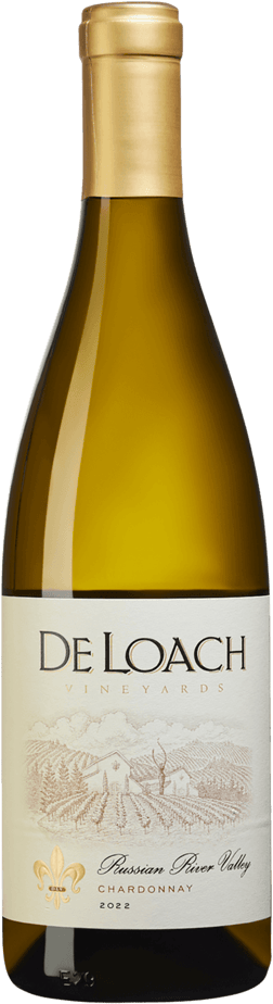 En glasflaska med DeLoach Vineyards Russian River Valley Chardonnay 2021, ett vitt vin från Kalifornien i USA