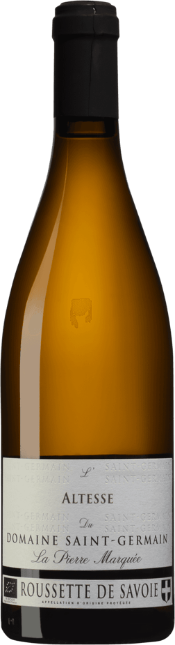 En glasflaska med Domaine Saint Germain La Pierre Marquée 2022, ett vitt vin från Savoie i Frankrike
