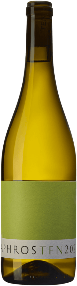 En glasflaska med Aphros TEN 2023, ett vitt vin från Vinho Verde i Portugal