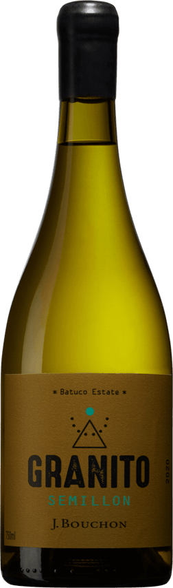 En lättare glasflaska med J.Bouchon Granito Semillon 2020, ett vitt vin från Valle Central i Chile