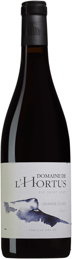 En glasflaska med Domaine de l'Hortus Grande Cuvee 2021, ett rött vin från Languedoc-Roussillon i Frankrike