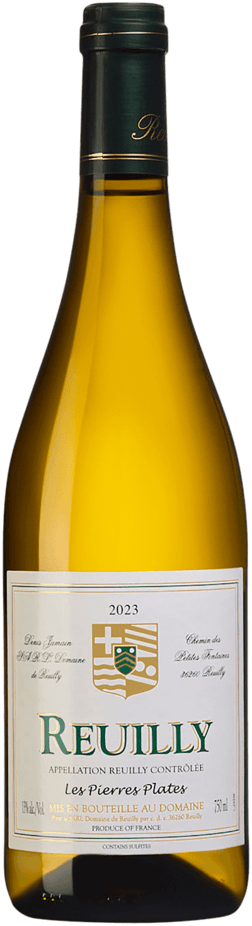 En glasflaska med Domaine de Reuilly Reuilly Les Pierres Plates 2023, ett vitt vin från Loiredalen i Frankrike