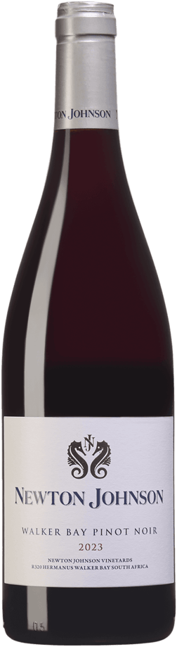 En glasflaska med Newton Johnson Walker Bay Pinot Noir 2023, ett rött vin från Western Cape i Sydafrika