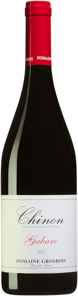 En glasflaska med Domaine Grosbois Chinon Gabare 2022, ett rött vin från Loiredalen i Frankrike