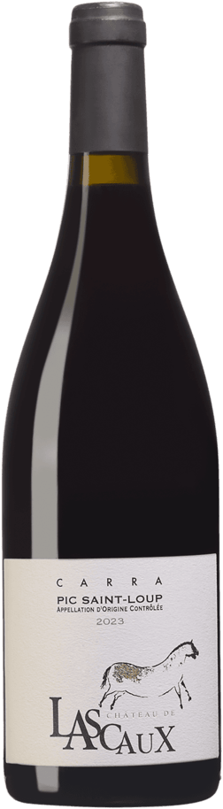 En glasflaska med Château de Lascaux Carra 2023, ett rött vin från Languedoc-Roussillon i Frankrike