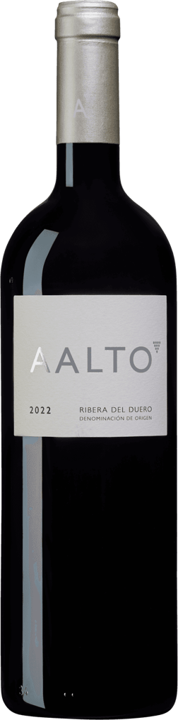 En glasflaska med Aalto 2022, ett rött vin från Kastilien-León i Spanien