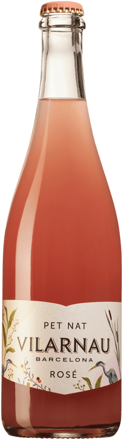 En glasflaska med Caves Vilarnau Pet Nat Rosé 2022, en mousserande från Spanien