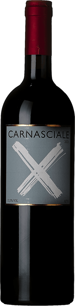 En glasflaska med Podere Il Carnasciale Carnasciale 2021, ett rött vin från Toscana i Italien