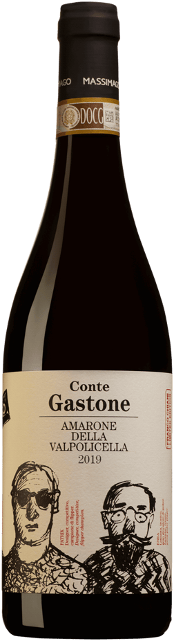 En lättare glasflaska med Massimago Amarone della Valpolicella Conte Gastone 2019, ett rött vin från Venetien i Italien