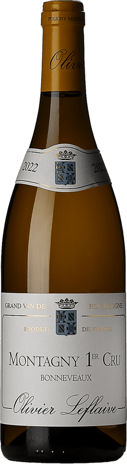 En glasflaska med Olivier Leflaive Montagny 1er Cru Bonneveaux 2022, ett vitt vin från Bourgogne i Frankrike