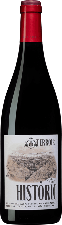 En lättare glasflaska med Terroir al Limit Historic Negre 2021, ett rött vin från Katalonien i Spanien