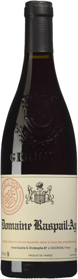 En glasflaska med Domaine Raspail-Ay  Gigondas 2022, ett rött vin från Rhonedalen i Frankrike