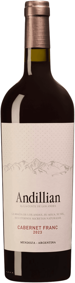 En glasflaska med Andillian Cabernet Franc 2023, ett rött vin från Cuyo i Argentina