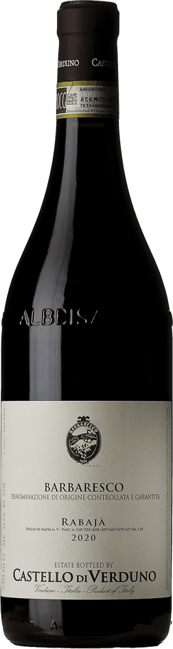 En lättare glasflaska med Castello di Verduno Barbaresco Rabaja 2020, ett rött vin från Piemonte i Italien