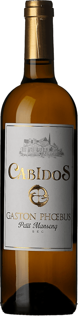 En glasflaska med Cabidos Gaston Phoebus Petit Manseng 2021, ett vitt vin från Frankrike sydväst i Frankrike