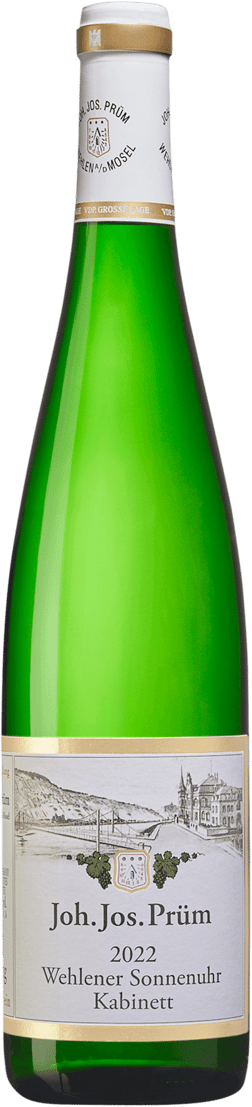En glasflaska med Joh Jos Prüm Wehlener Sonnenuhr Kabinett 2022, ett vitt vin från Mosel i Tyskland