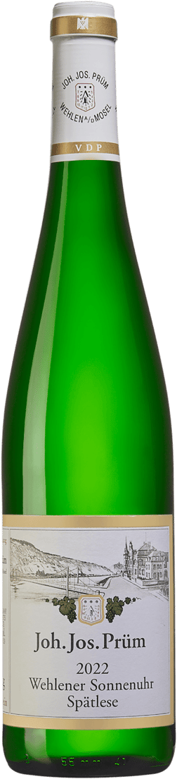 En glasflaska med Joh Jos Prüm Wehlener Sonnenuhr Spätlese 2022, ett vitt vin från Mosel i Tyskland