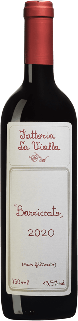 En lättare glasflaska med Fattoria La Vialla di Gianni Barriccato 2020, ett rött vin från Toscana i Italien