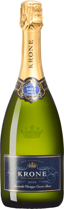 En glasflaska med Krone Borealis Vintage Cuvée Brut 2023, en mousserande från Western Cape i Sydafrika