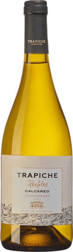 En lättare glasflaska med Bodegas Trapiche Perfiles Calcareo Chardonnay 2023, ett vitt vin från Cuyo i Argentina