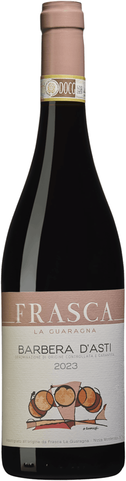En glasflaska med Frasca Barbera d'Asti 2023, ett rött vin från Piemonte i Italien