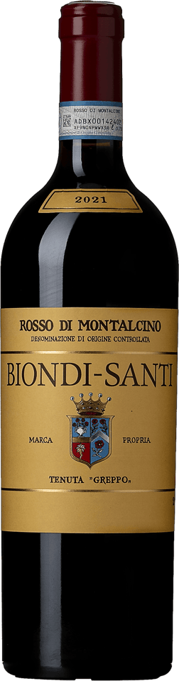 En glasflaska med Biondi-Santi Rosso di Montalcino 2021, ett rött vin från Toscana i Italien